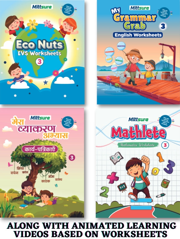 Mittsure Kids Activity Worksheet for Class 3| Set of 4| Subjects : English, Hindi, Maths, Evs