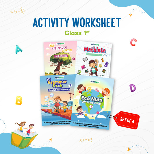 Mittsure Kids Activity Worksheet for Class 1 | Set of 4 | Subjects -  English, Hindi, Math's, Evs