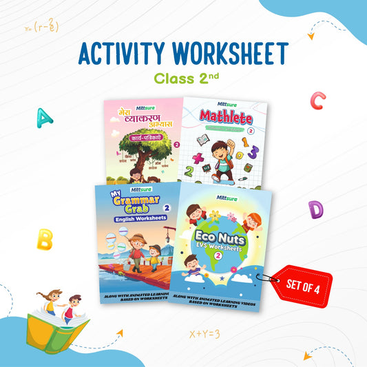 Mittsure kids Activity Worksheet for Class 2 | Set of 4 | Subjects English, Hindi, Maths, Evs