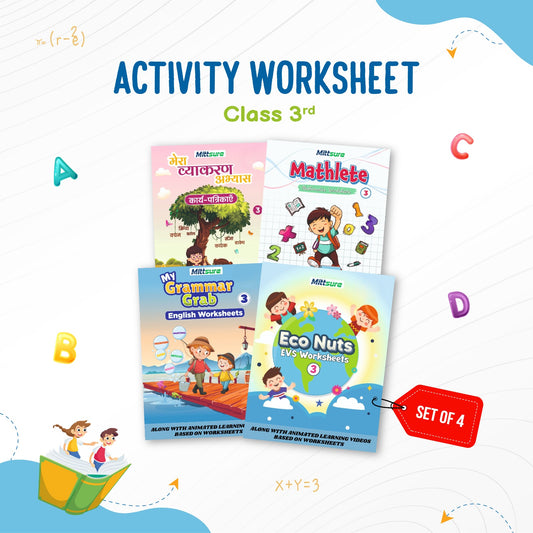 Mittsure Kids Activity Worksheet for Class 3| Set of 4| Subjects : English, Hindi, Maths, Evs