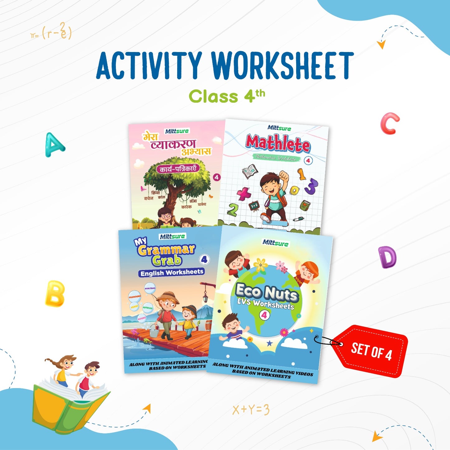 Mittsure kids Activity Worksheet for Class 4 | Set of 4 | Subjects-  English, Hindi, Maths, Evs