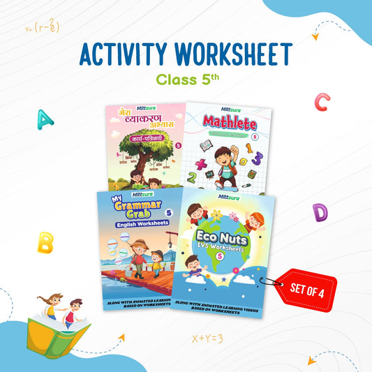 Mittsure Kids Activity Worksheet for Class 5| Set of 4| Subjects : English, Hindi, Maths, Evs
